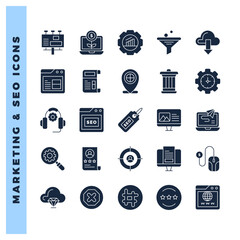 25 Marketing and Seo Glyph icon pack. vector illustration.
