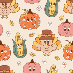 seamless pattern with cute  pumpkins, turkey, corn