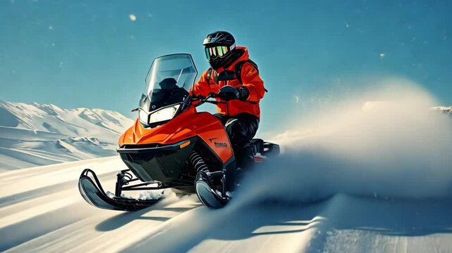 A person rides a snowmobile on a snowy trail with mountains in the background