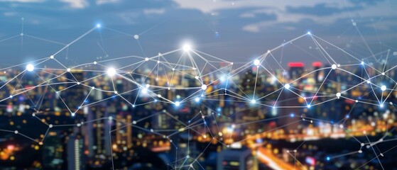 An illuminated network of digital connections overlays a cityscape at night, reflecting the vibrant pulse of urban life and technological interconnectedness.
