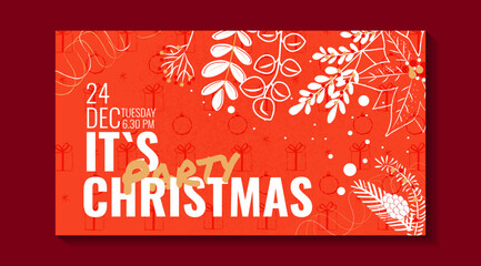 Naklejka premium Merry christmas party flyer brochure design on red background invitation theme concept. Happy holiday greeting banner and card template.