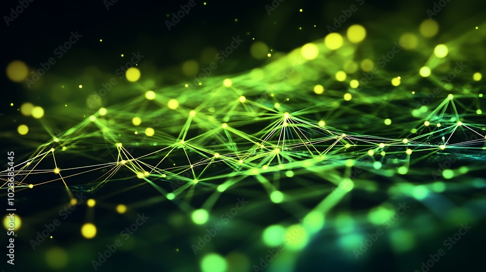 Poster abstract digital network with glowing green and yellow lights, connecting dots and lines.