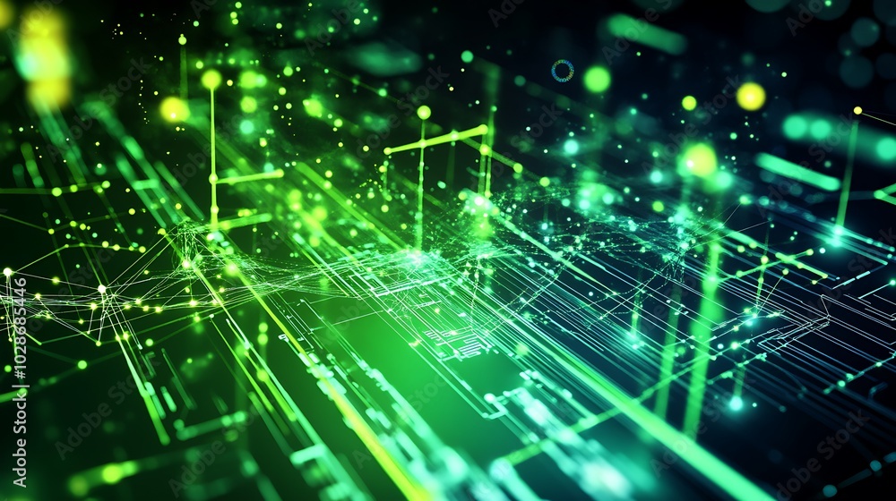Poster abstract digital network with glowing green lines and dots on a dark background.