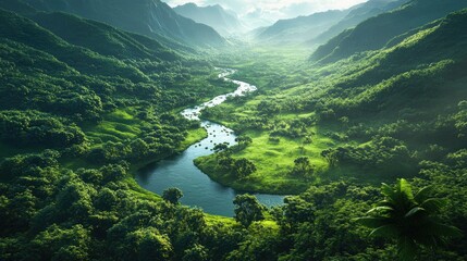Serene 3D View of Lush Green Valley with River