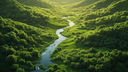 Serene 3D View of Lush Green Valley with River