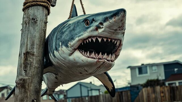 A large shark replica hangs from a wooden pole in a suburban neighborhood