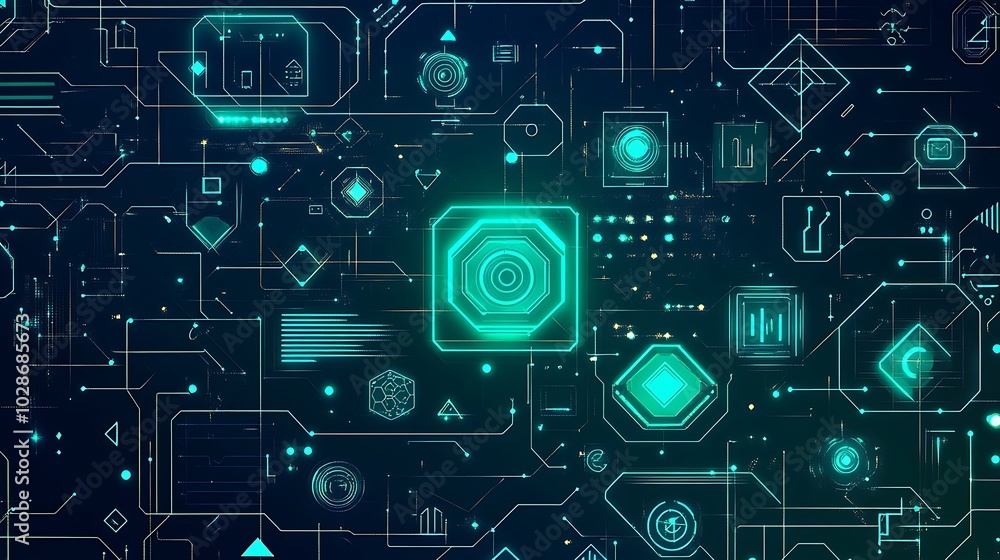 Poster Abstract digital network with glowing icons and lines on a dark background.