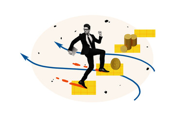 Photo collage young ambitious businessman reach goal achieve target climb step upstairs trader entrepreneur success rich wealthy investor