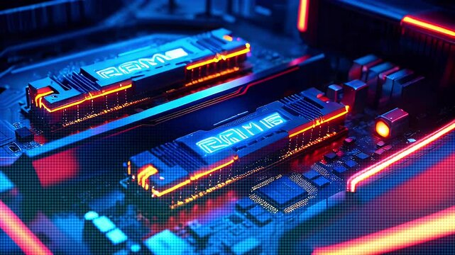 Close-up of RAM modules with neon lighting on a dark motherboard.