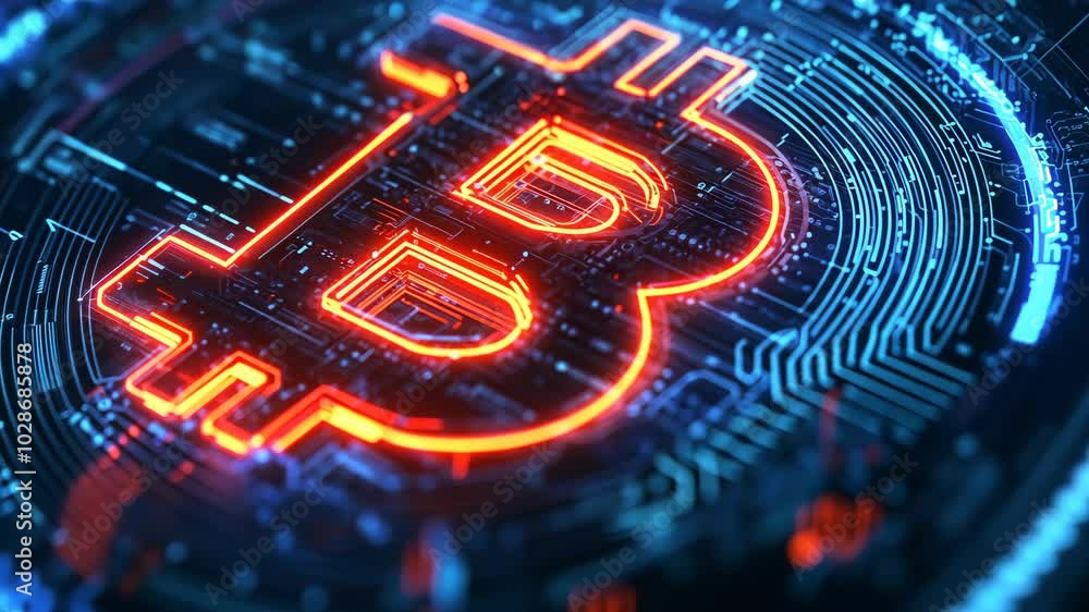 Poster a glowing bitcoin symbol is displayed on a digital circuit board
