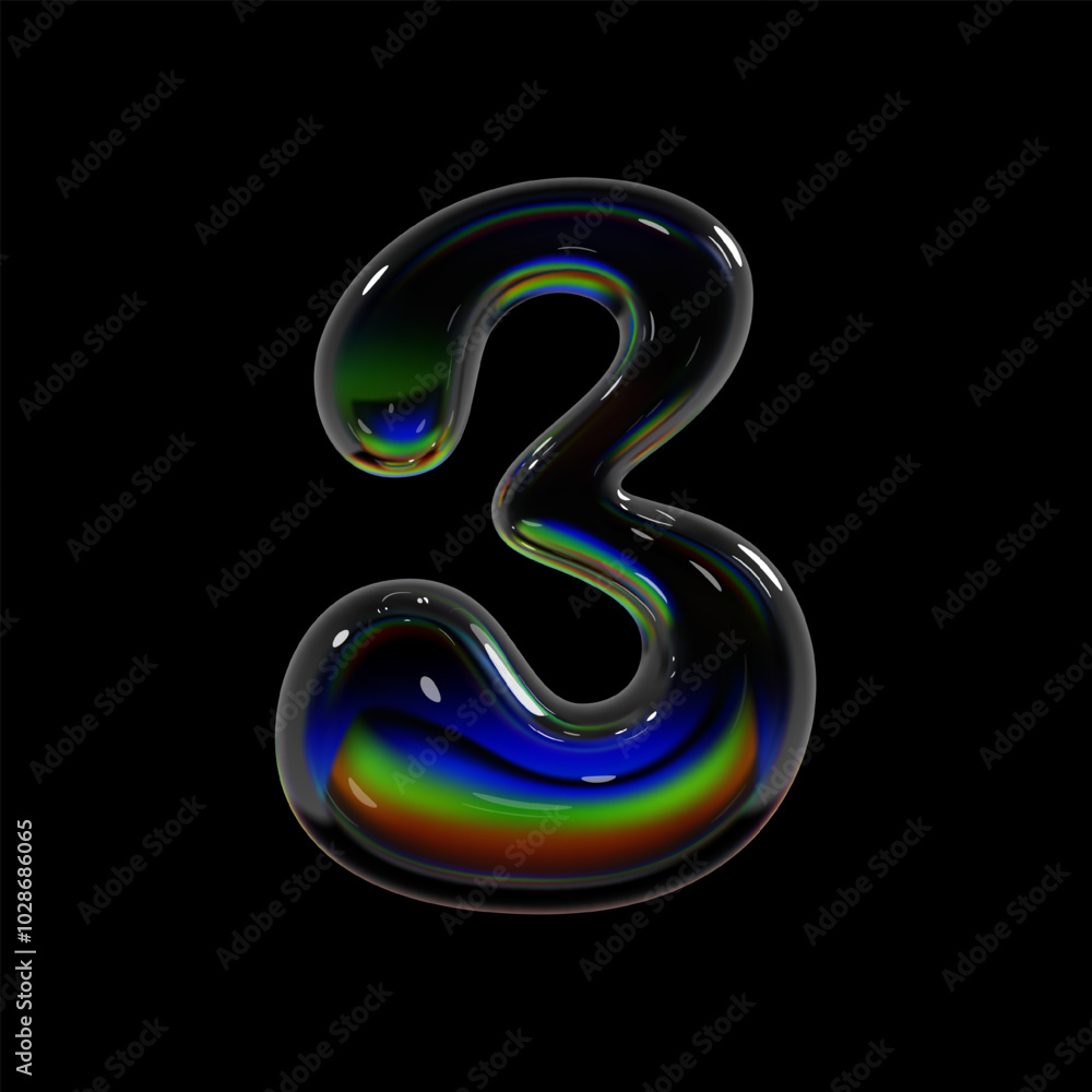 Poster number 3, 3d balloon bubble three number. holographic glass inflated shape with rainbow dispersion e