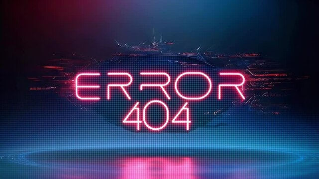 Red neon sign with error 404 on dark blue background.