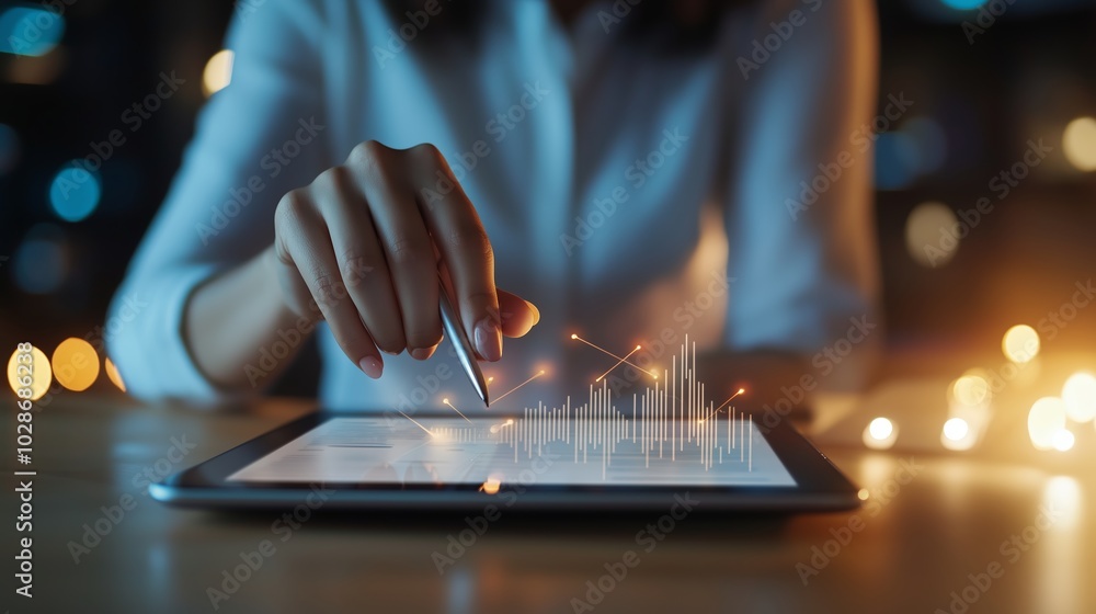 Poster a person analyzing data with a stylus on a digital tablet while seated at a desk during a night sett