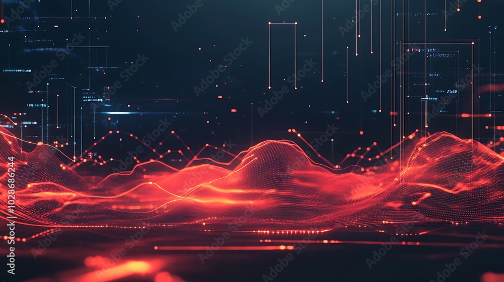 Poster abstract digital red waves, glowing lines, and data points on dark blue background.