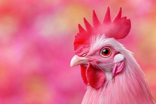 Colorful rooster on a pink background.