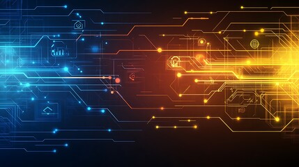 Obraz premium Abstract digital technology background with blue and orange circuit boards.