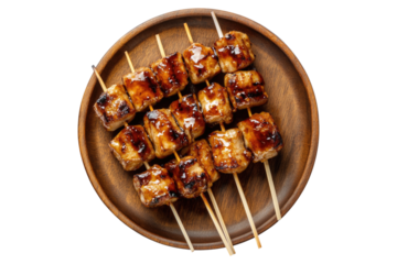 Classic yakitori skewers glazed with teriyaki sauce on a transparent background