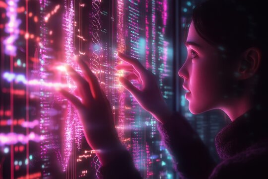 An individual using a glowing holographic scanner to view and edit their own DNA, adjusting sequences that float in the air before them