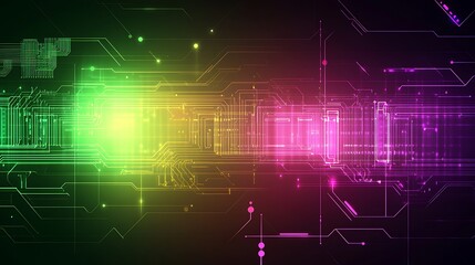 Obraz premium Abstract digital technology background with glowing lines and circuits in green, yellow, and pink colors.