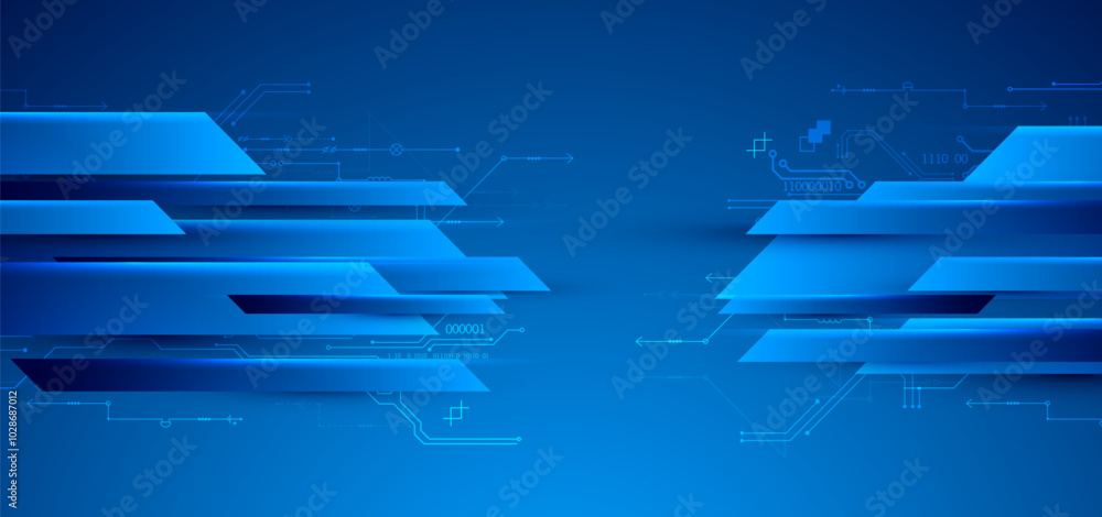 Poster abstract technological illustration with neon lights on a dark blue gradient background. this vector