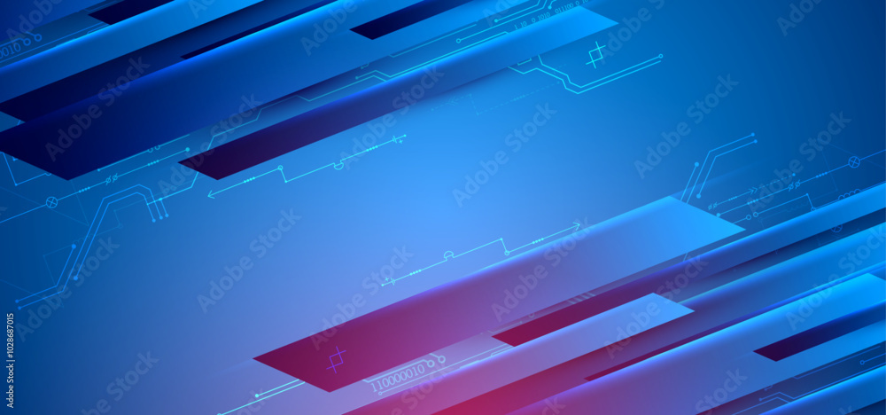 Poster abstract technological illustration with neon lights on a dark blue gradient background. this vector