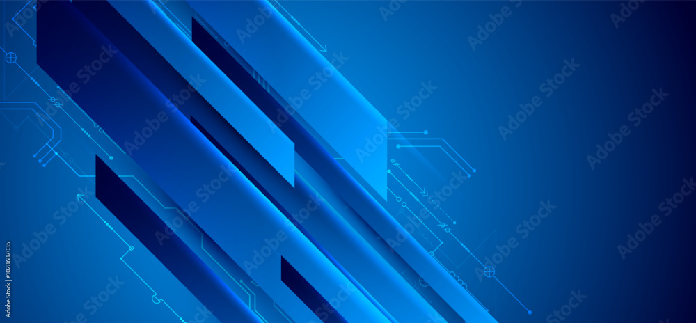 Poster abstract technological illustration with neon lights on a dark blue gradient background. this vector