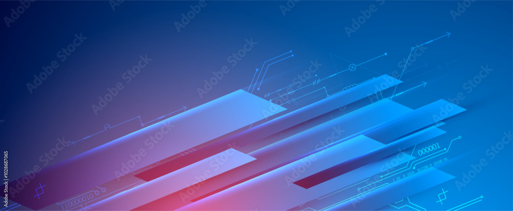Poster abstract technological illustration with neon lights on a dark blue gradient background. this vector