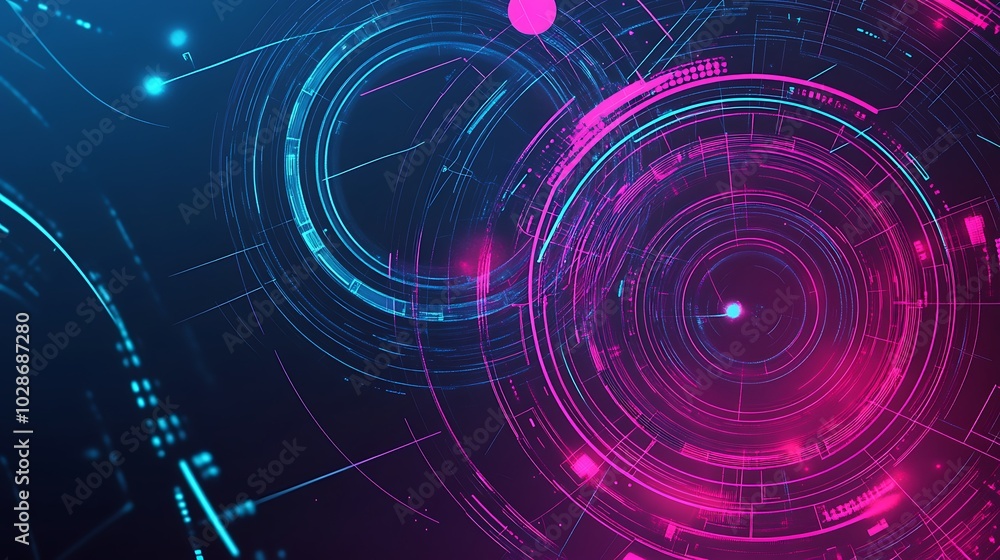 Poster abstract digital technology background with glowing neon circles and lines.