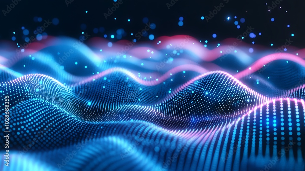 Poster abstract digital wave with glowing particles.