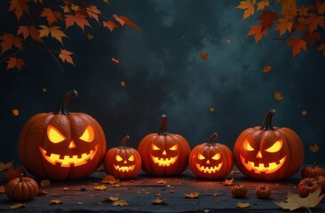 close up of halloween glowing pumpkins on black background. Premium illustration for banners, posters, greetings and Halloween celebrations