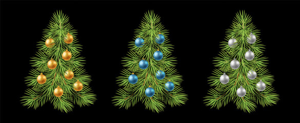 Christmas tree with gold and blue balls and silver ones on a black background. Vector illustration.