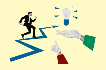 Collage young businessman entrepreneur reach idea lamp lightbulb eureka strategy genius smart decision achieve goal aim target leadership