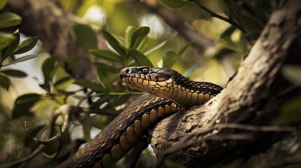 A Snake Coiled on a Branch in the Foliage