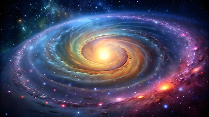 Solid minimalist spiral galaxy with colorful stars background