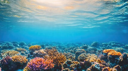 Naklejka premium Vibrant coral reef underwater with sun rays filtering through clear water.