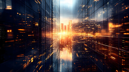 Futuristic cityscape reflecting light and architecture.