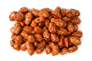Tasty sweet roasted peanuts isolated on a white background.