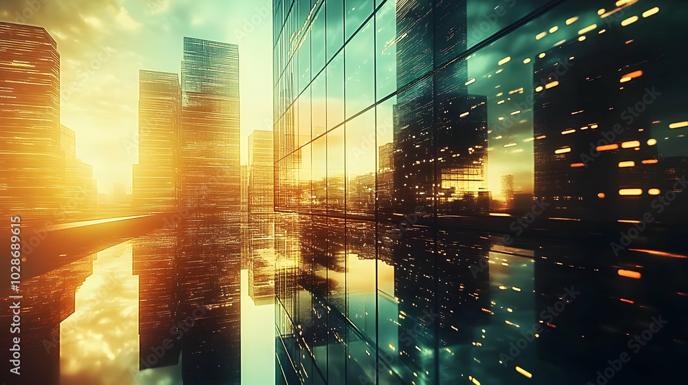 Wall mural Urban skyline at sunset with reflective glass buildings.