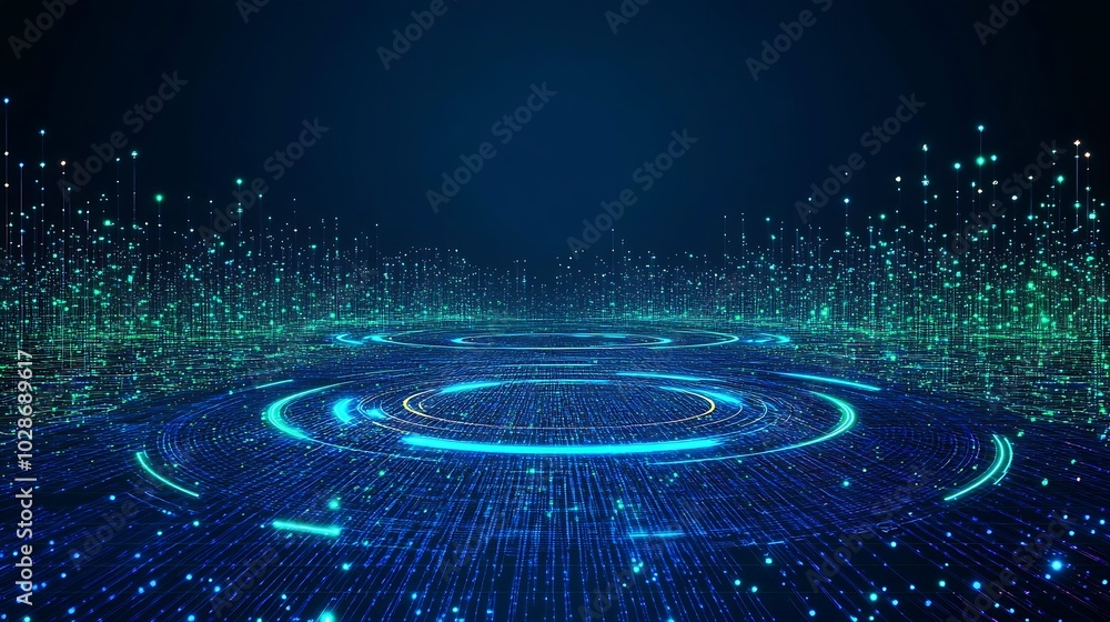 Poster Abstract futuristic background with glowing lines and particles on a blue and green backdrop.