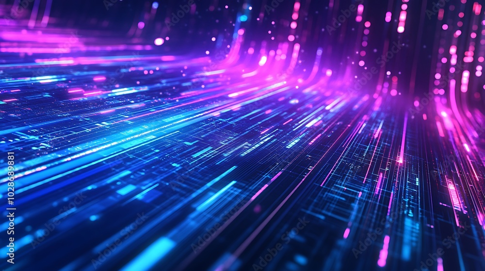 Poster Abstract futuristic background with glowing lines and particles.