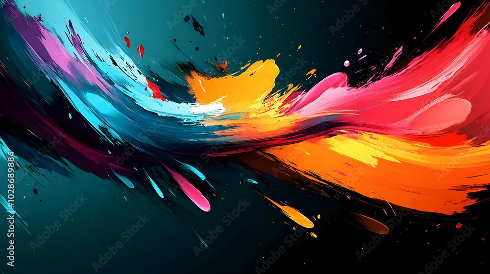 Poster vibrant abstract design with flowing colors and dynamic brush strokes.