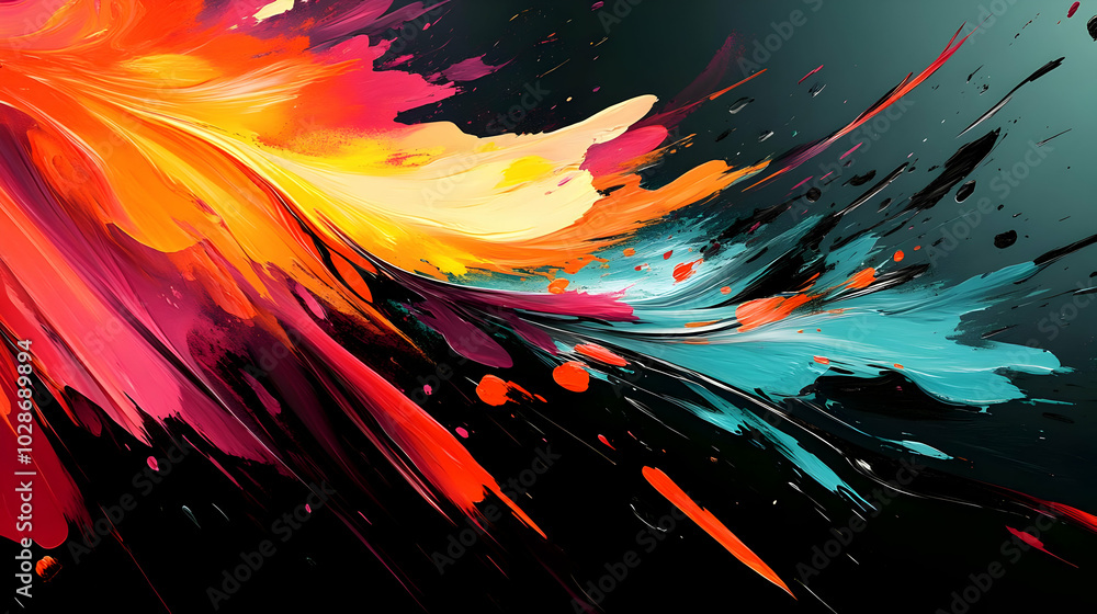 Poster vibrant abstract art with dynamic splashes of color on a dark background.