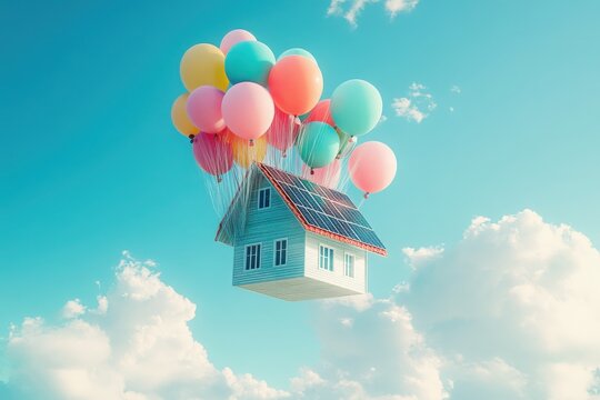 House floating in the sky, lifted by a large cluster of colorful balloons attached to its roof. The house is a typical residential building with solar panels on the roof, and it is surrounded by a cle