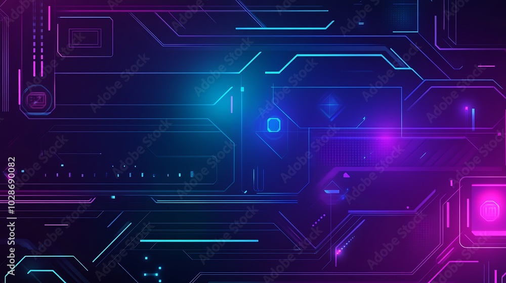 Poster abstract futuristic background with glowing lines and shapes in blue and pink colors.