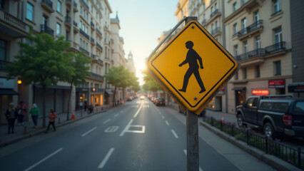 A Vibrant Pedestrian Crossing Sign Standing Tall in a Busy Urban Environment Promoting Safety