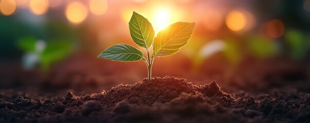 Young plant sprouting in warm sunlight