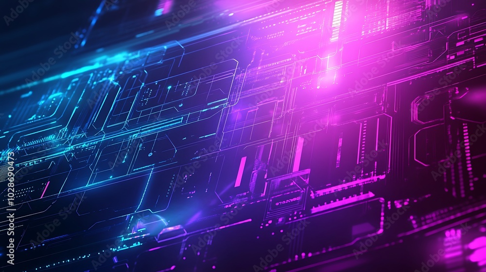 Poster abstract futuristic digital circuit board with neon lights.