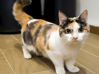 Calico cat with striking markings stands on a wooden floor, looking curiously at the camera. Perfect for pet lovers!