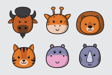 Set of cute animal head, Cartoon animal face collection, Cute and friendly wild animals in line drawing style, with bison, giraffe, lion, tiger, hippopotamus, rhinoceros. Vector design illustration.