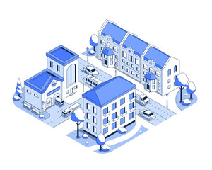 Obraz premium Fire station in a residential area - vector isometric illustration. The city is protected, apartment buildings, real estate, highways with cars, bus and trucks. Location, street, outdoor and territory